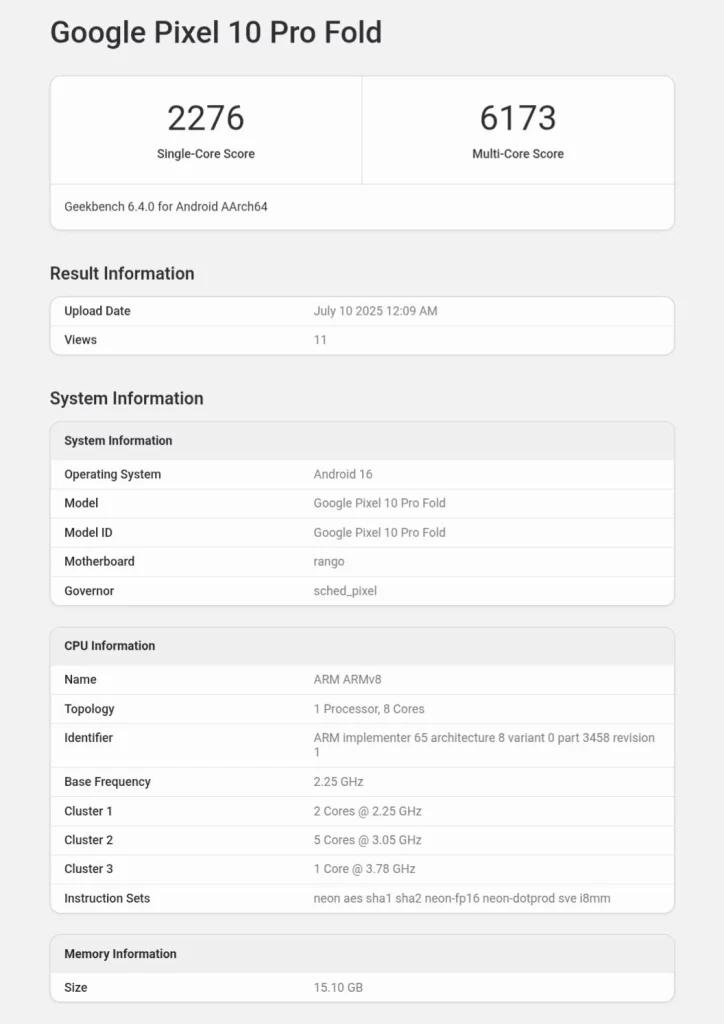 Pixel 10 Pro Fold Specs Geekbench Score 