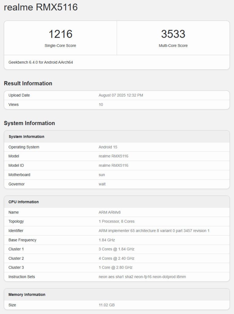 realme P4 Pro 5G Geekbench Score